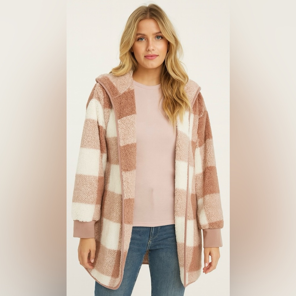 New/Unworn Women's Ivory/Mauve Buffalo Plaid Hoodie Cardi w/ Pockets